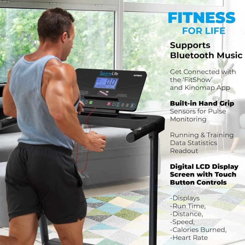 SereneLife SLFTRD18 Folding Treadmill – 0.6–6 MPH, 4-Level Manual Incline, Bluetooth App Sync, 39.3″×15.7″ Belt, Compact Digital Trainer - Image 17